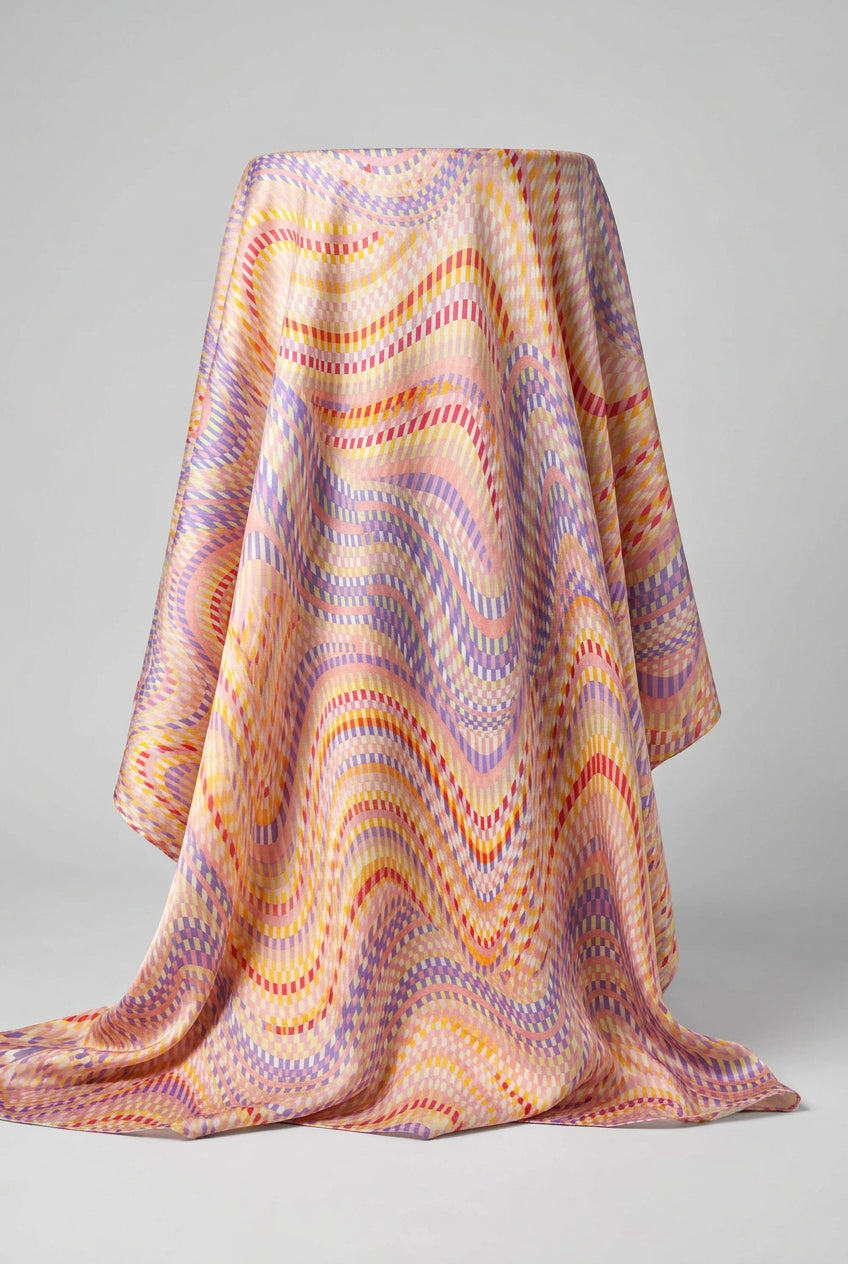 A close-up of a lightweight fabric with a colorful wavy pattern made of small repeating geometric shapes in pink, purple, blue, orange, and yellow.