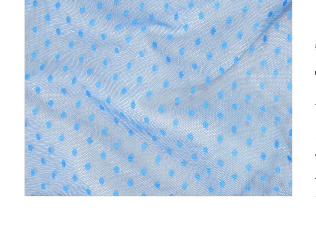 Light blue sheer mesh fabric with a repeating pattern of small medium-blue polka dots, shown with soft folds.